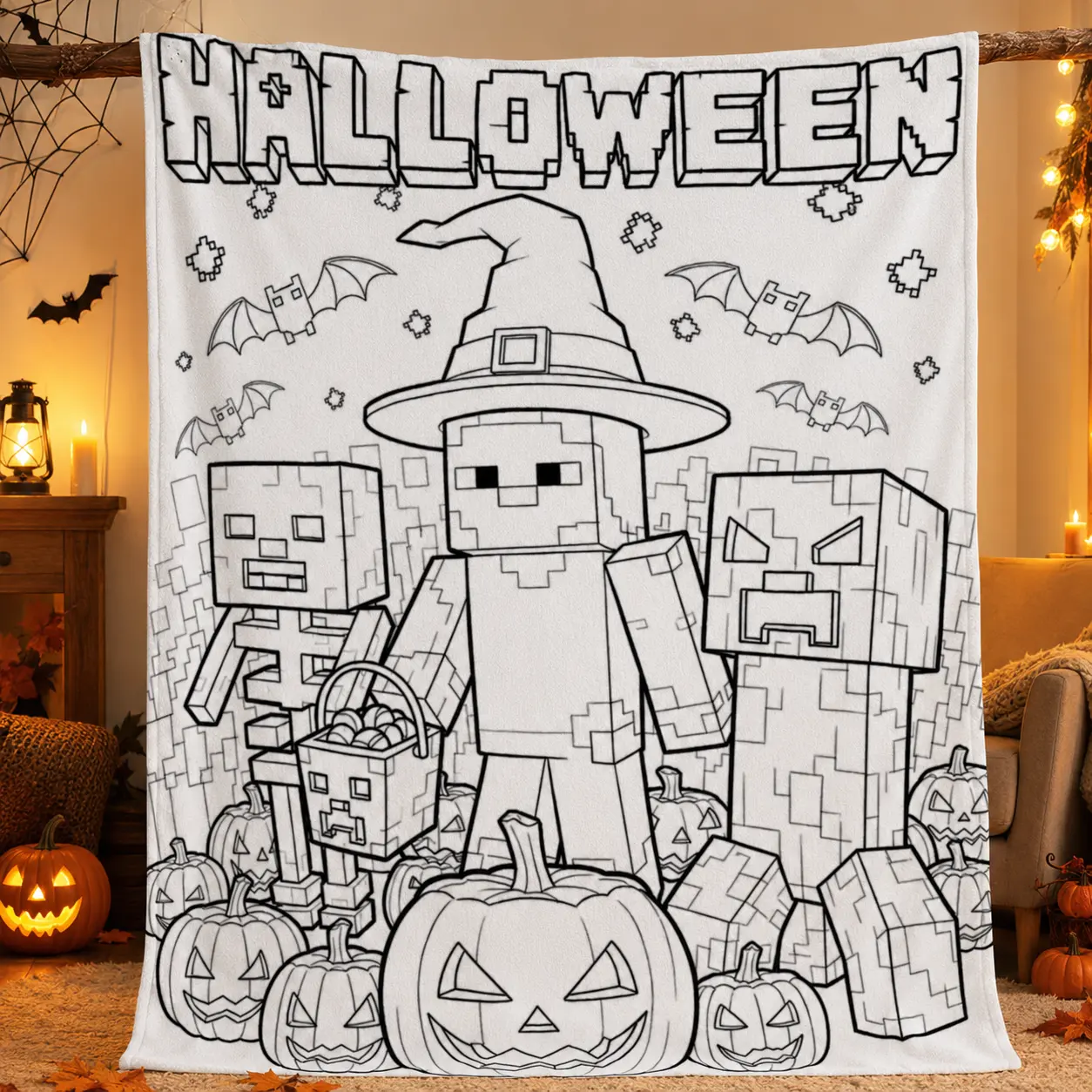 Vintage Pixel Block Minecraft Halloween Flannel Blanket Ultra Soft Flannel Fleece Warm Nap Blanket All Over Jack O Lantern Bat Doodle Holiday Gift Blankets for Sofa Bedroom Dorm gamer fall throw blanket skin friendly