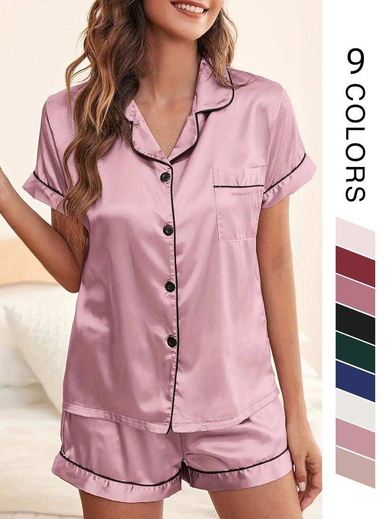 Two/Four/Six Counts Women's Satin Pyjama Lounge Co-ord Set, Lapel Collar Button Front Pocket Blouse & Contrast Binding Elastic Waist Pj Shorts Pajama Set, Lady Homewear for Summer, Back To School Wear Black Girl Wear Valentine's Day, gift