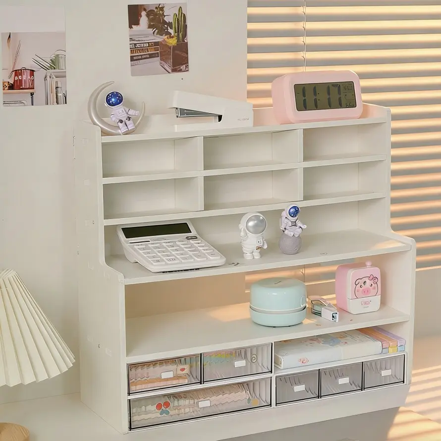 Multi-Layer Desktop Organizer, Wooden Desk Storage Rack, Office & School Supplies Holder, Efficient Space Management, Clutter-Free Workspace, Desk Accessories