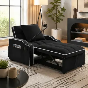 3-in-1 Convertible Velvet Sleeper Sofa Chair Bed with Pull-Out, Adjustable Backrest, Phone Holder, USB/Type-C Charging, Side Pockets, Quick Assembly, for Living Room, Studio Apartment