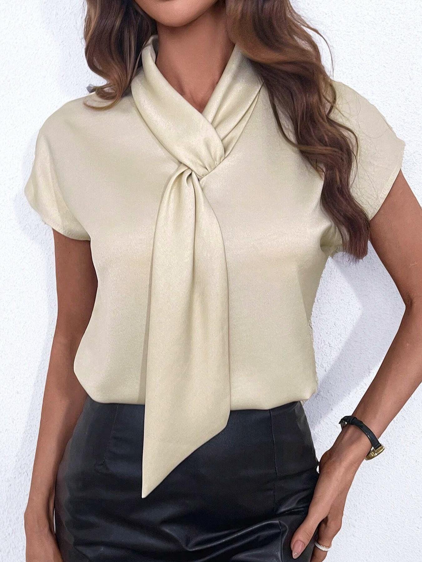 Women's Solid Color Blouse, Casual Elegant Short Sleeve Top for Office Work Business, Ladies Summer Clothes