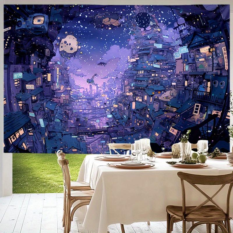 Starry Night Anime Town Tapestry - Polyester Wall Hanging for Bedroom & Living Room Decor, Includes Free Accessories