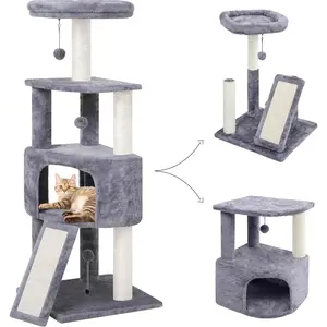 HUITREE 45in Cat Tree Tower with Big Condo for Indoor Kitten,Cat Tower with Scratching Post,Scratching Board and Cat Toys,Multi-Level,Small Space,Transformer Cat Tree, Grey(New)gift