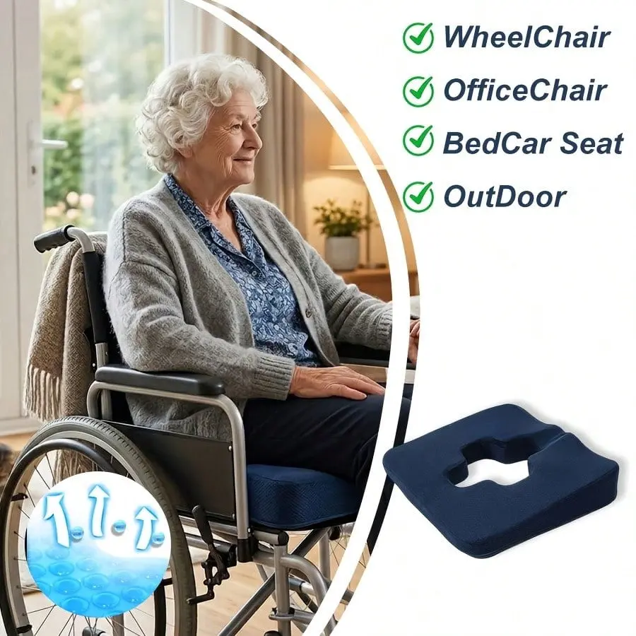 Anti Bedsore Cushion For Butt, Gel & Memory Foam Wheelchair Seat Cushion With Waterproof Cover, Wedge Coccyx Seat Cushion For Tailbone Pain Relief, Post-Surgery, Elderly & Disabled (Dark Blue)