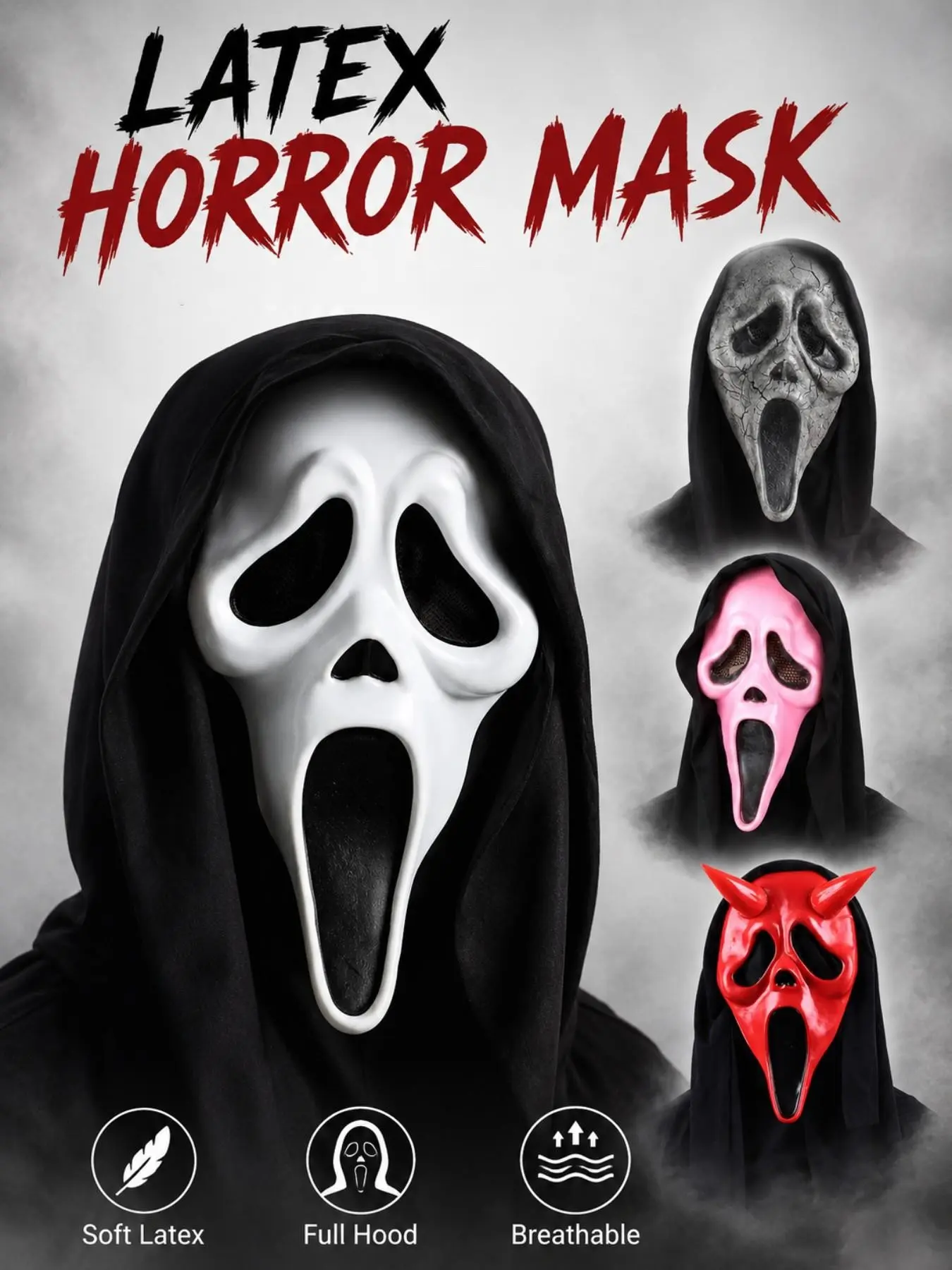 Halloween Cosplay Horror Scary Scream Ghost Face Mask, Adult Party Prop, Latex Npc Costume, 1pc Halloween Accessory