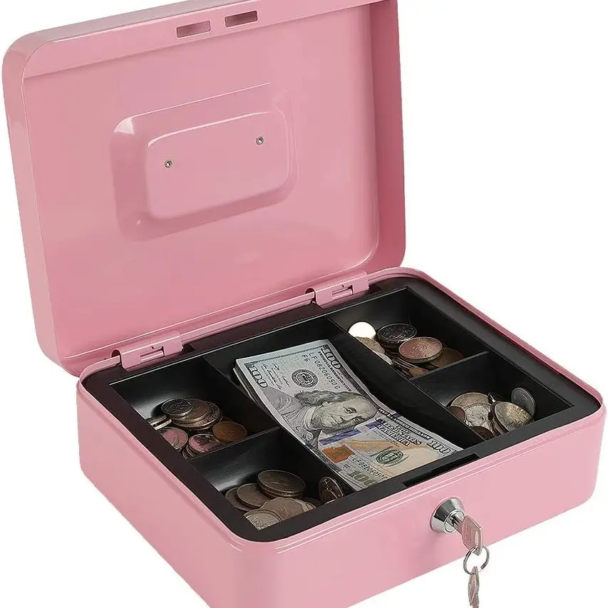 Large Steel Cash Storage Box with Dual Key Lock, Detachable Coin Tray, Anti-Theft and Shockproof, Ideal for Home and Shop Use, Steel Safe Box