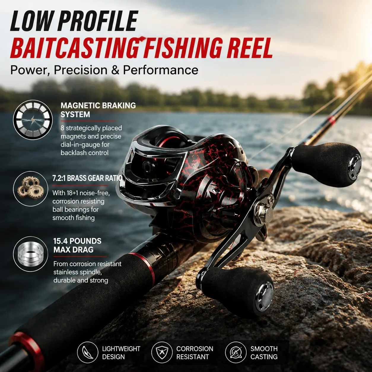 Magnetic & Centrifugal Dual Brake Baitcaster with SS Bearings, Carbon Fiber Drag, Incremental Magnetic Brake, Anti-Backlash, Fresh & Salt, Ambidextrous Adaptive Casting