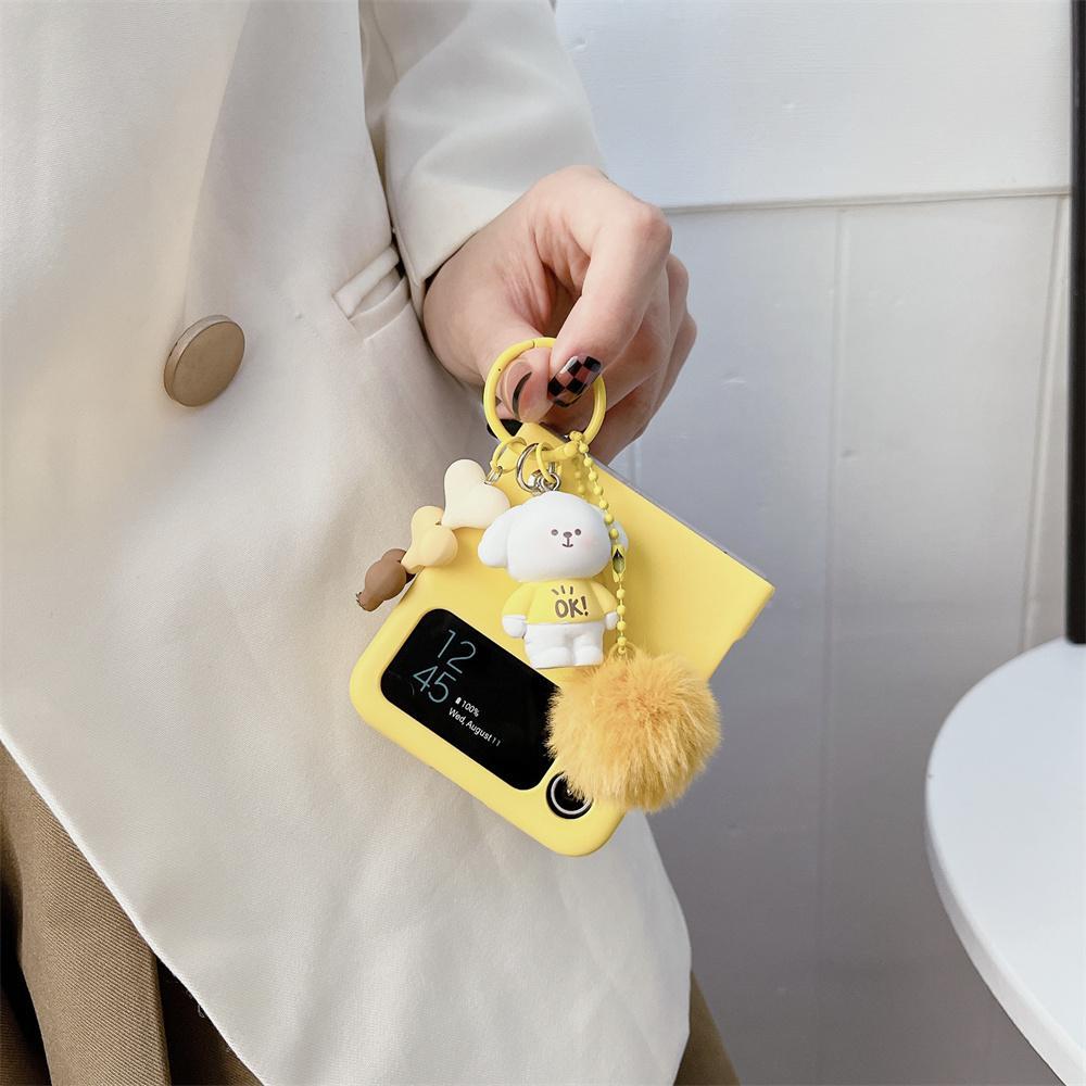 For Galaxy Z Flip6 Cartoon Bear Plush Heart Folding Case for Samsung Z Flip7 Zflip5 Z Flip 3 4 5 6 7 Slim Cover with Lanyard