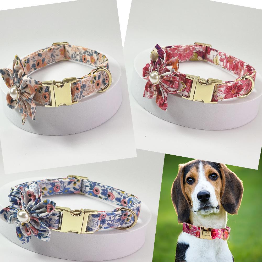 Floral Engraved Dog Collar with Leash, Personalized Metal Buckle for Medium Large Dogs