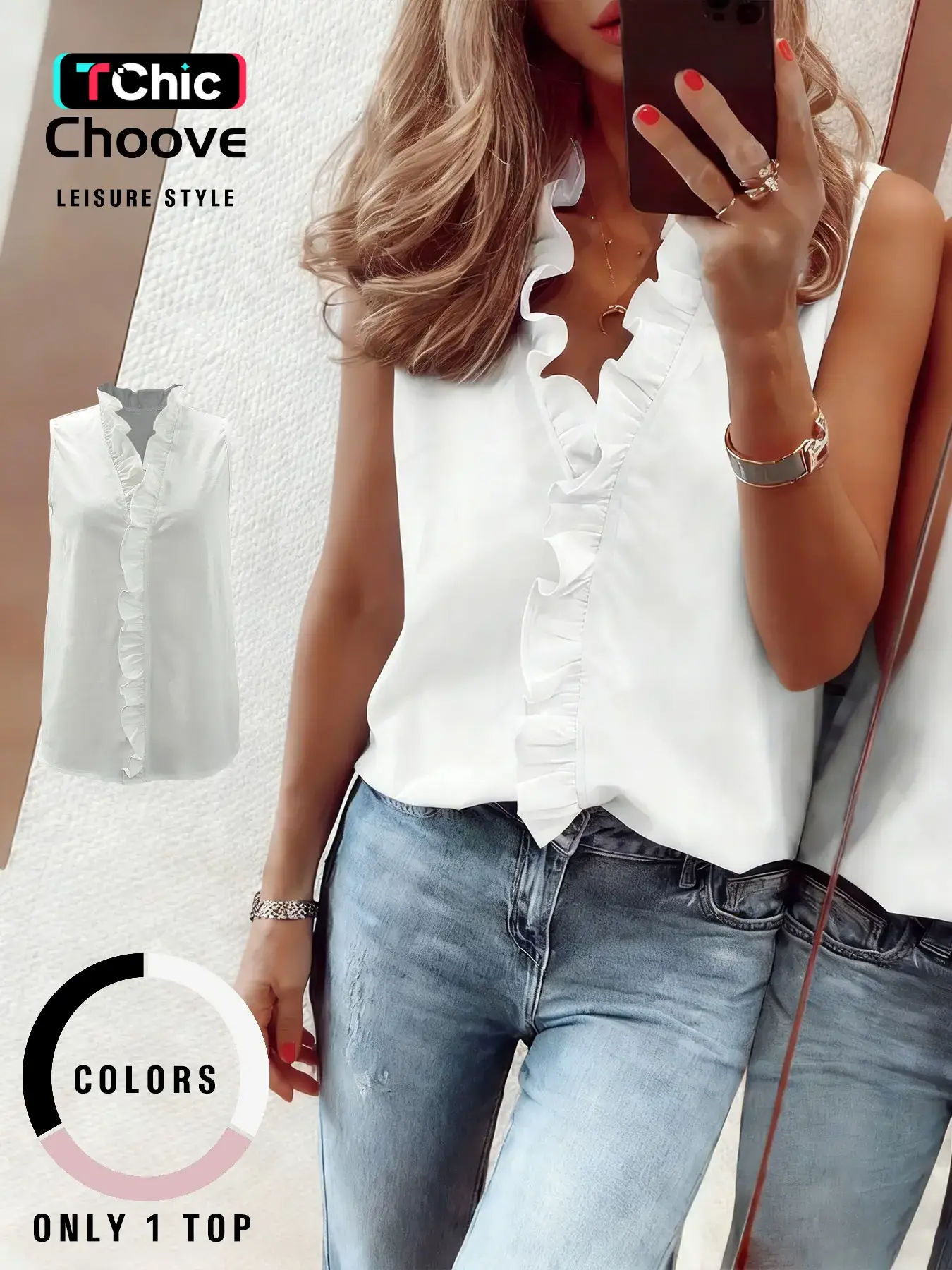 Women Solid Ruffled V-Neck Sleeveless Top, Loose Fit Casual Commuter Daily Outfit Womenswear Piece