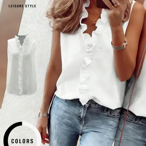 Women Solid Basic Ruffled V-Neck Sleeveless Top, Loose Fit Casual Commuter Daily Outfit Womenswear