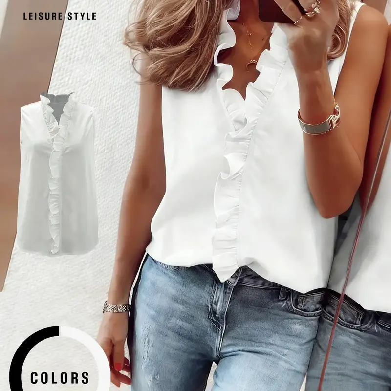 Women Solid Basic Ruffled V-Neck Sleeveless Top, Loose Fit Casual Commuter Daily Outfit Womenswear