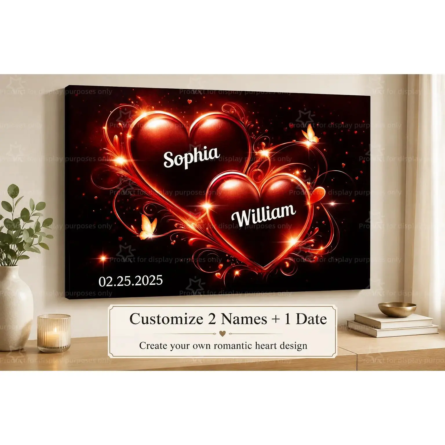 Custom Glowing Red Double Heart Couple Name Date Canvas Wall Decor Poster, Romantic Butterfly Personalized Love Print, Wall Art for Bedroom Living Room Apartment, Decor Poster Print, Available as Unframed Canvas Poster or Framed Canvas Wrap