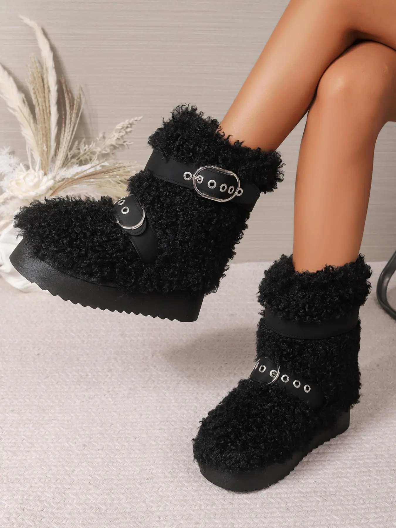 Women's Y2K Thick Sole Mid-Calf Snow Boots, Metal Buckle, Warm Fleece Lining, Non-Slip, Comfortable Fit, Fall & Winter Fashion