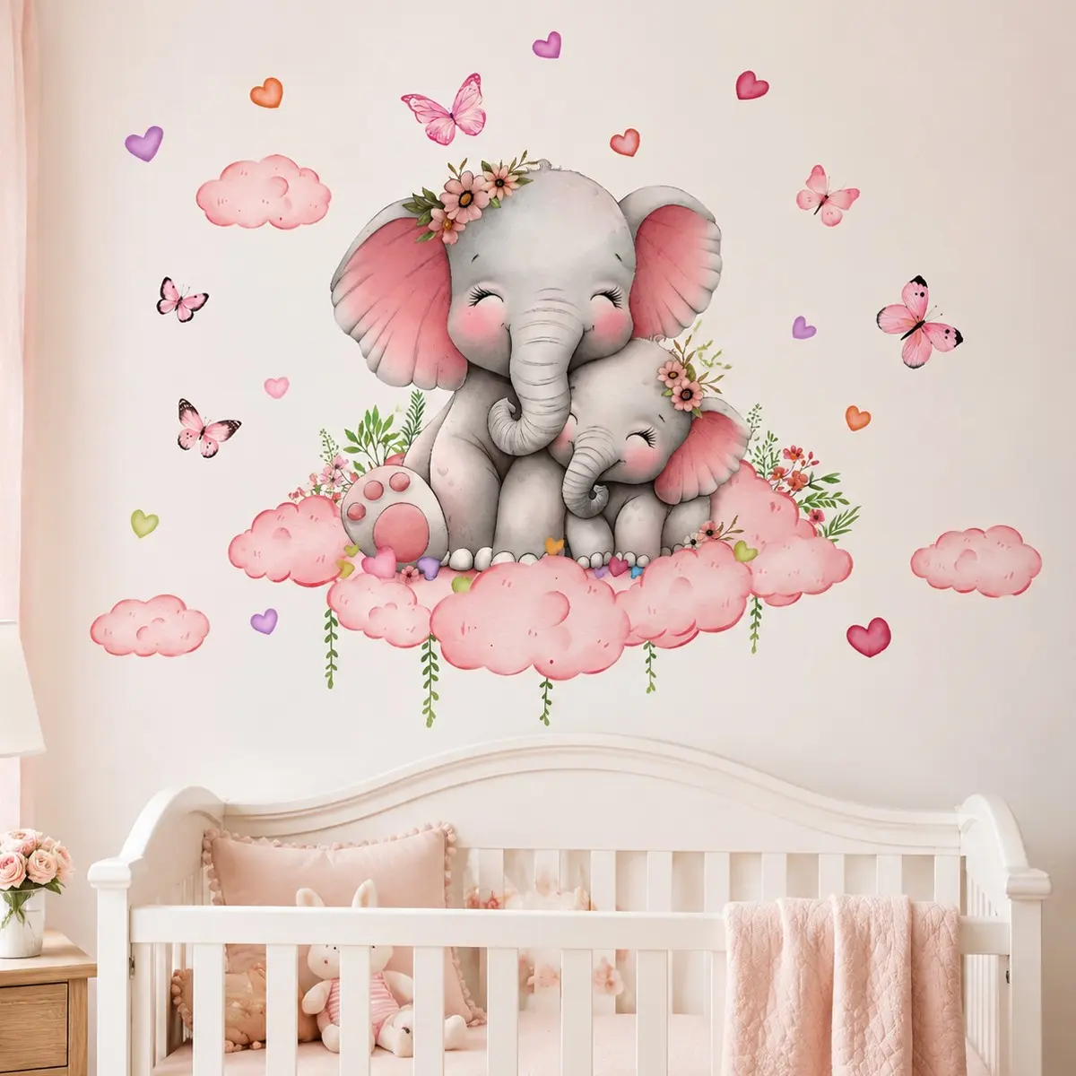 Cute Baby Elephant Wall Decal, Colorful Heart Balloon Nursery Sticker, Removable Peel and Stick Vinyl Wall Art, Aesthetic Girls Room Decor