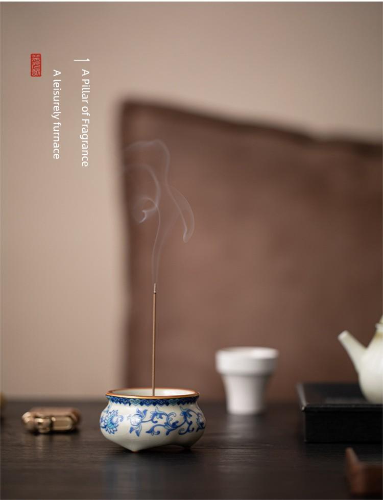 Xi Yuan Ji Blue and White Ru Kiln Incense Burner Stick Holder Three-Legged Sandalwood Censer for Home Indoor Tea Set Accessory incense stick