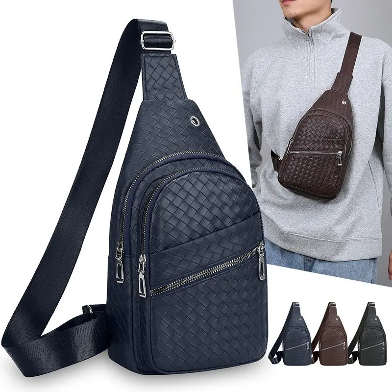 New Men's Woven Pattern PU Leather Chest Sling Bag, Outdoor Casual Sports Crossbody Pack for Hiking, Running, Cycling, Commute, Travel and Daily Use, Durable Water-Resistant Build with Multi-Zipper Pockets, Adjustable Strap, Lightweight Hands-Free Design