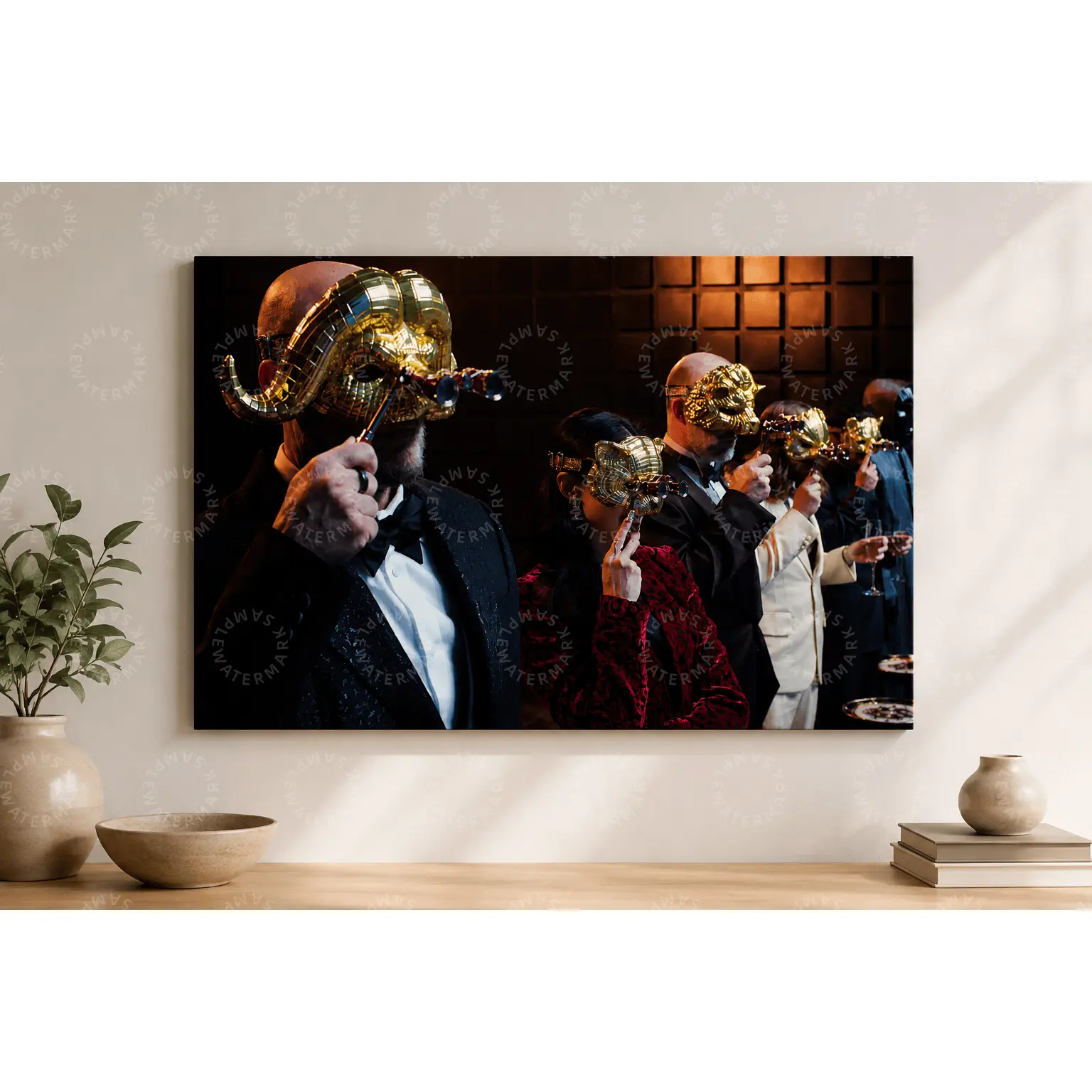 Golden Masquerade Mask Dark Party Aesthetic Poster, Luxury Mysterious People Portrait Wall Art, Moody Gala Canvas Print, Office Living Room Decor, Bar Lounge Wall Decor, Modern Luxury Home Art Gift