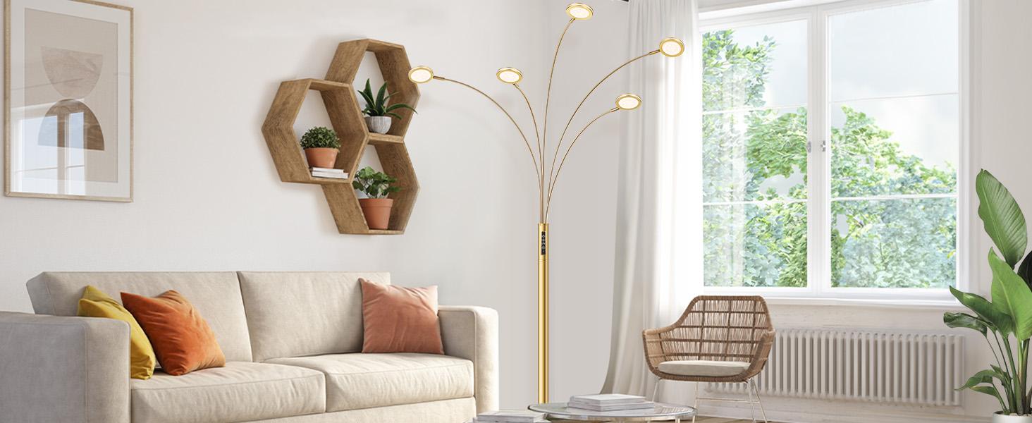 LED Arc Floor Lamp with Remote, 2250LM Dimmable Gold Floor Lamp with Timer, Adjustable Colors, Brightness & 5 Adjustable Arms, Multi-Head Tall Tree Standing Lamp for Living Room Bedroom Corner Office Modern Mood Lighting