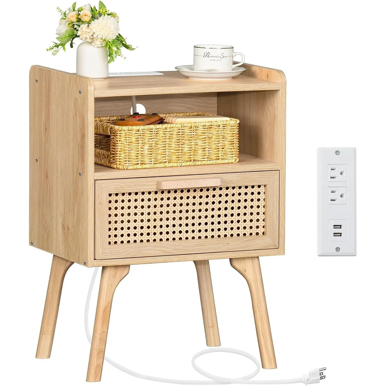 Rattan Nightstand with Charging Station, Boho Side Table with Drawer Open Shelf, Cane Accent Bedside End Table for Bedroom, Dorm and Small Spaces