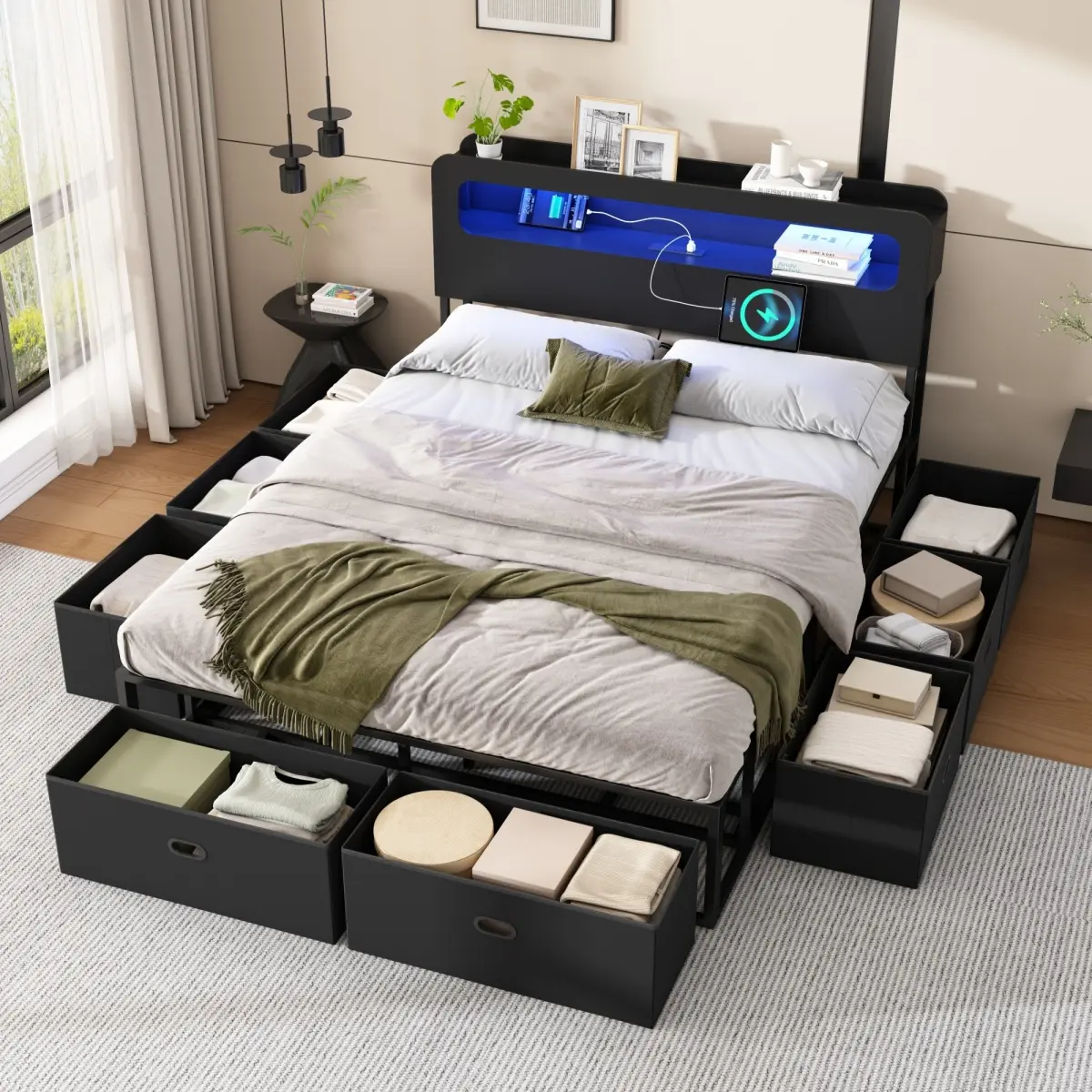 Full Size Bed Frame with Storage & LED Light Headboard, Metal Full Platform Bed with Charging Station, USB Port & Type C, Vintage Beds with 8 Fabric Drawers, No Box Spring Needed, Black