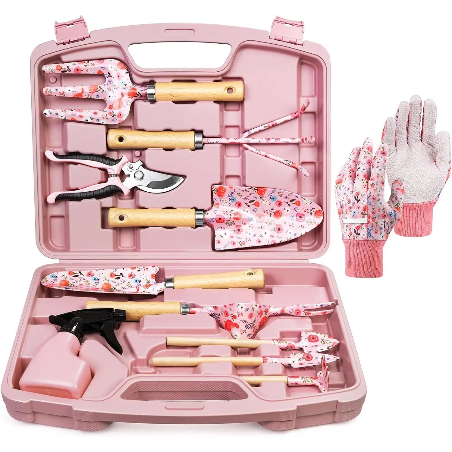 12-Piece Gardening Tools Set, Floral Print Garden Tool Set Gift, Rust-Proof & Heavy-Duty Trowel, Rake, Weeder, Pruner with Hard Case, Gardening Gifts for Women, Mom & Plant Lovers (Pink)