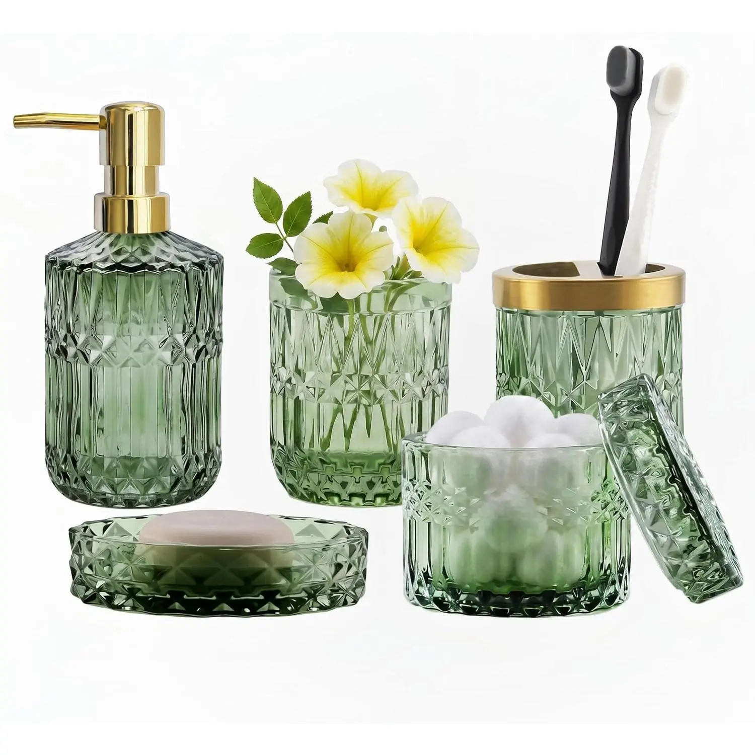 Green Bathroom Accessories Set, 6 count Clear Glass Bathroom Set, Soap Dispenser, Soap Dish,  Holder, Tumbler, Q-Tips Holder for   Bathroom Decor,  Set