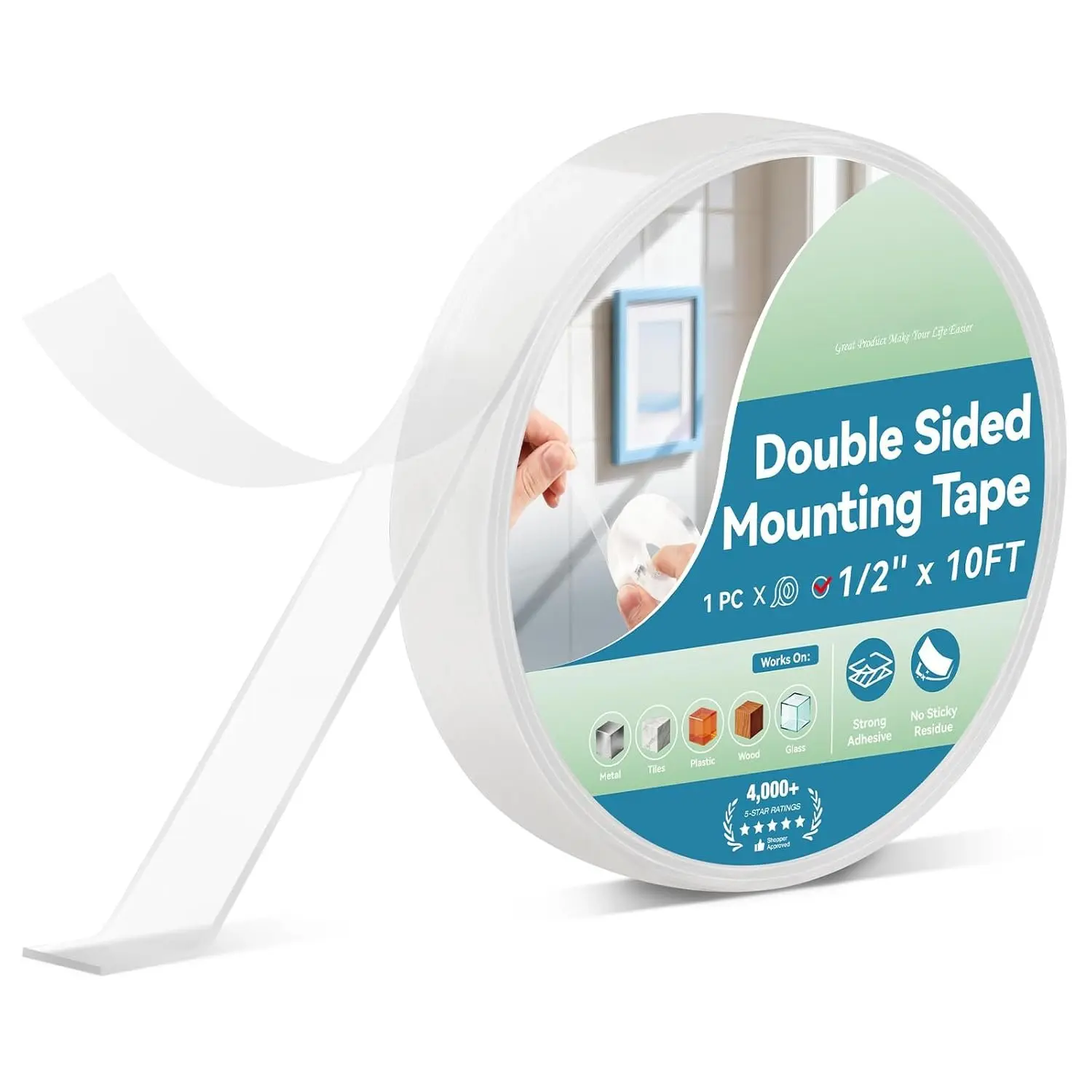 Double Sided Tape Heavy Duty, Clear  Mounting Tape,  Adhesive, Removable, No , Transparent Nano Tape for Wall Decor, Poster, Picture , DIY Crafts (1/2’’x10FT)