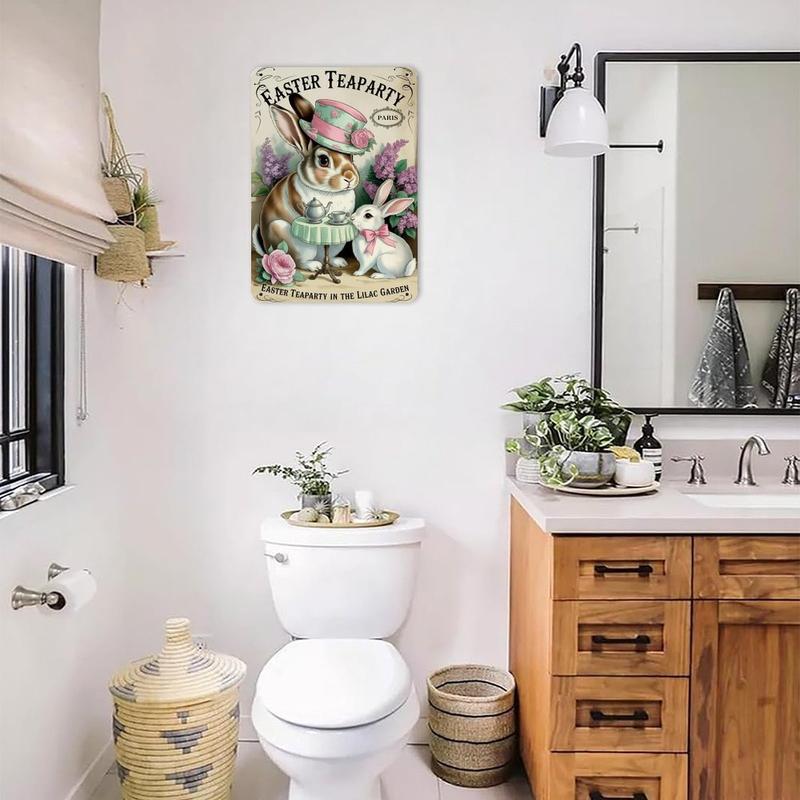 Easter Bunny Tea Party Tin Sign, Vintage Parisian Easter Rabbits Metal Sign Print Aesthetic Room Decoration for Home Bedroom Kitchen Bar Coffee Bathroom Indoor Outdoor Wall Decor, 8 X 12 in