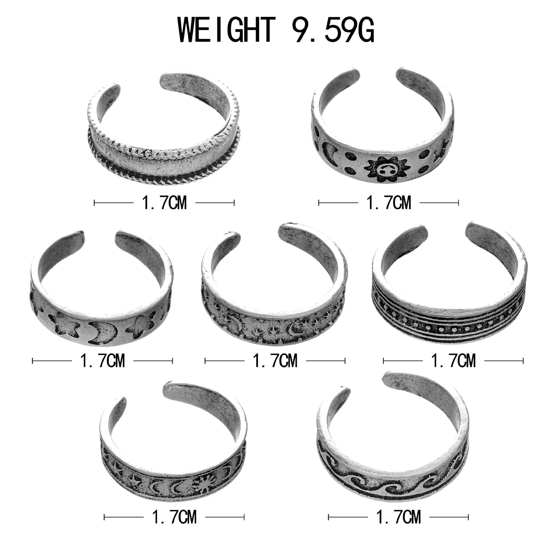 7 Pcs Vintage Sun Moon Star Open Ring Set, Silver Boho Stackable Rings, Hypoallergenic Celestial Jewelry for Women