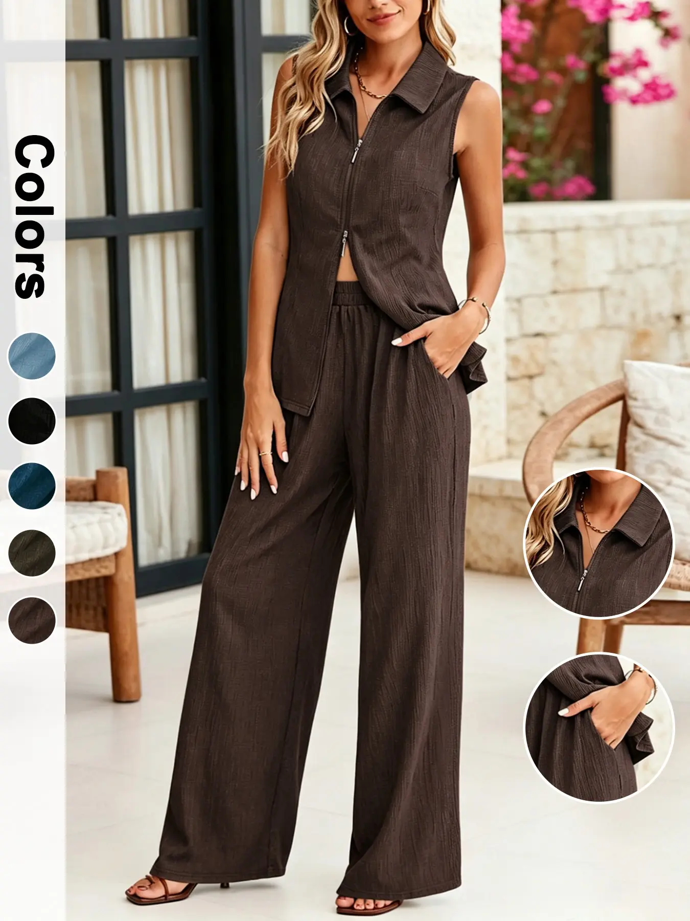 Women's Two-Piece Set with Double Zippers, Sleeveless Top and Long Pants, Minimalist Design for Summer Commute, Casual & Home Wear