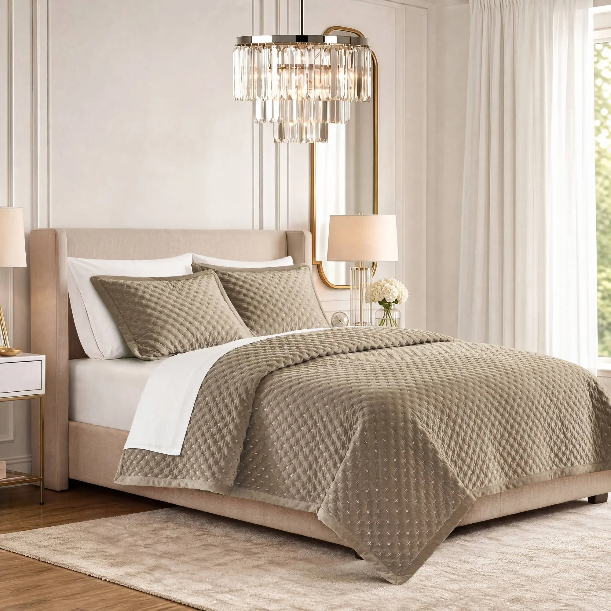 ARCH 3-Piece King Velvet Coverlet Mini Set Taupe Soft Plush Lightweight Quilted Bedspread with 2 Pillow Shams, Elegant Solid Color Velvet Bedding Set for Master Bedroom Guest Room, King Size, Taupe, Home Furniture and Household Product Search Terms