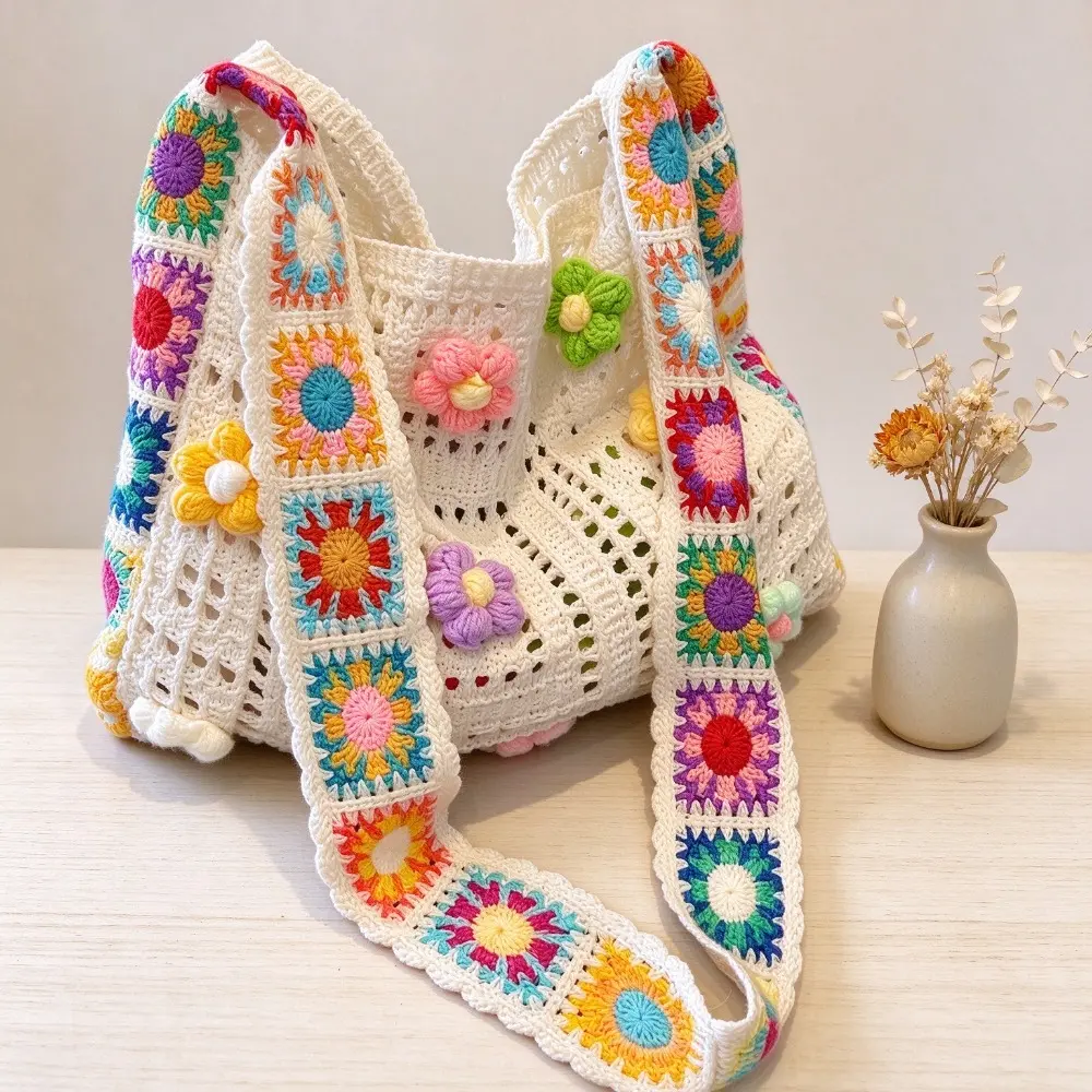 Bohemian Retro Hollow Crochet Flower Messenger Bag, Color Block Handmade Knit Tote Bag, Casual Open Top Shoulder Bag, Durable Fabric Handbag for Daily Travel Beach Outing