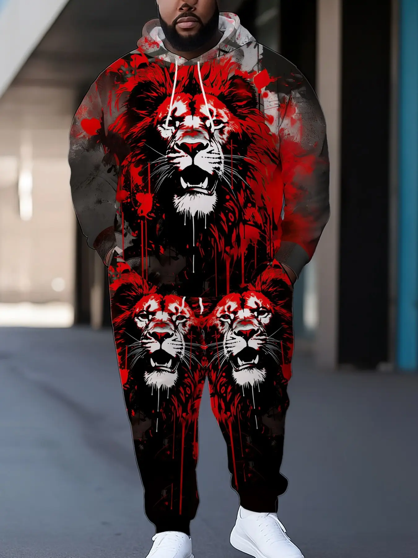 Ink Lion Head 3D Full Print Plus Size Men's Hooded Sports Set, Casual Long Sleeve Sweatshirt, Graphic Tracksuit Set, Fall & Winter Fashion