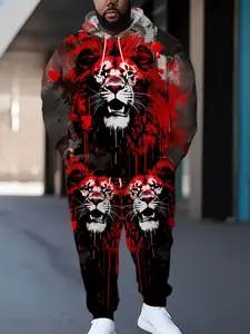 Ink Lion Head 3D Full Print Plus Size Men's Hooded Sports Set, Casual Long Sleeve Sweatshirt, Fall & Winter Fashion