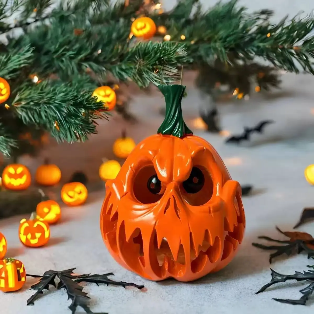 Hollow Cutout Skeleton Face Pumpkin Lamp Ornament, Horror Style Resin Pumpkin Decor, Halloween Party, Harvest & Thanksgiving Home Decor