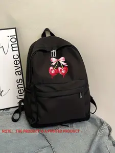 Y2K Style Bow Heart Cherry Print Backpack, Durable Nylon Material, Versatile Design for School & Daily Use, Unisex Fashion Accessory