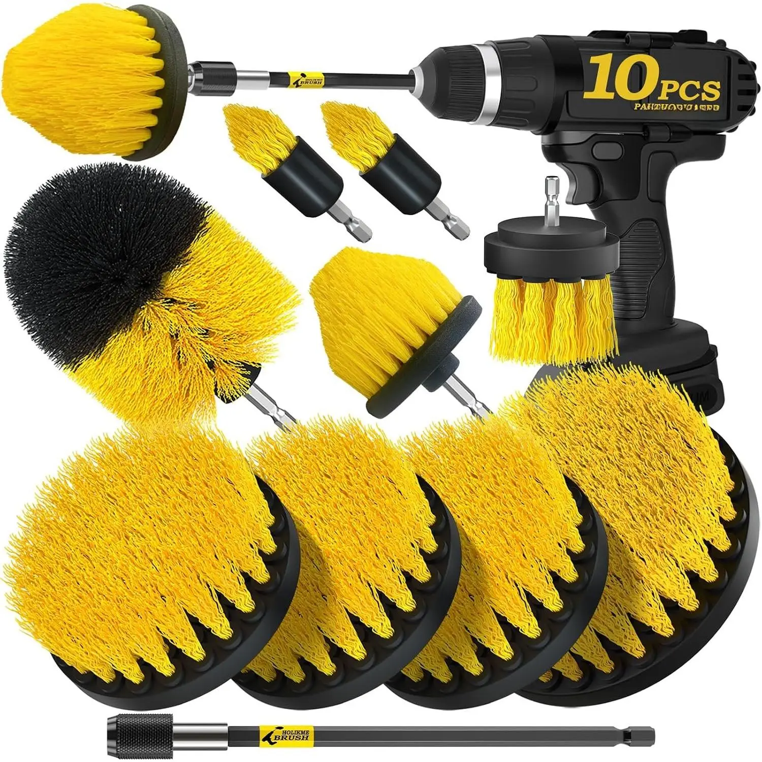 10 count Drill Brush Attachments Set, Power  Brush with Extend Long Attachment,Scrub Brush,Shower ,Cleaning Supplies,Yellow | 9 brush sizes, nylon bristles, extension , bathroom, tile, grout, kitchen and  cleaning, yellow