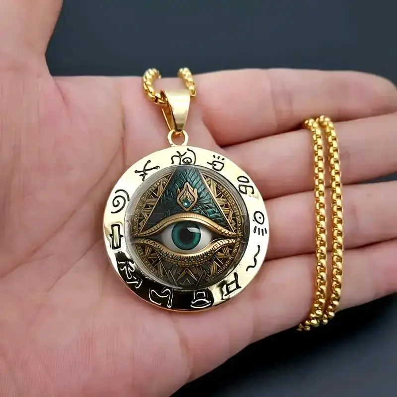 Vintage Eye Pendant Necklace for Men Women, Gothic Blue Eye Charm Necklace with Round Statement Pendant and Long Chain, Retro Mystery Style Jewelry Accessory, Trendy Streetwear Necklace Gift for Everyday Fashion Party Festival Wear