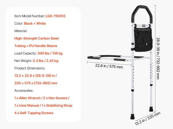 Bed Rail for Elderly, Bedside Assist Rails with Supporting Leg and PU Handrail, Adjustable Height Carbon Steel Pipe Bedside Cane, Bed Bars for Seniors & Patients, Fits King, Queen, Full, Twin