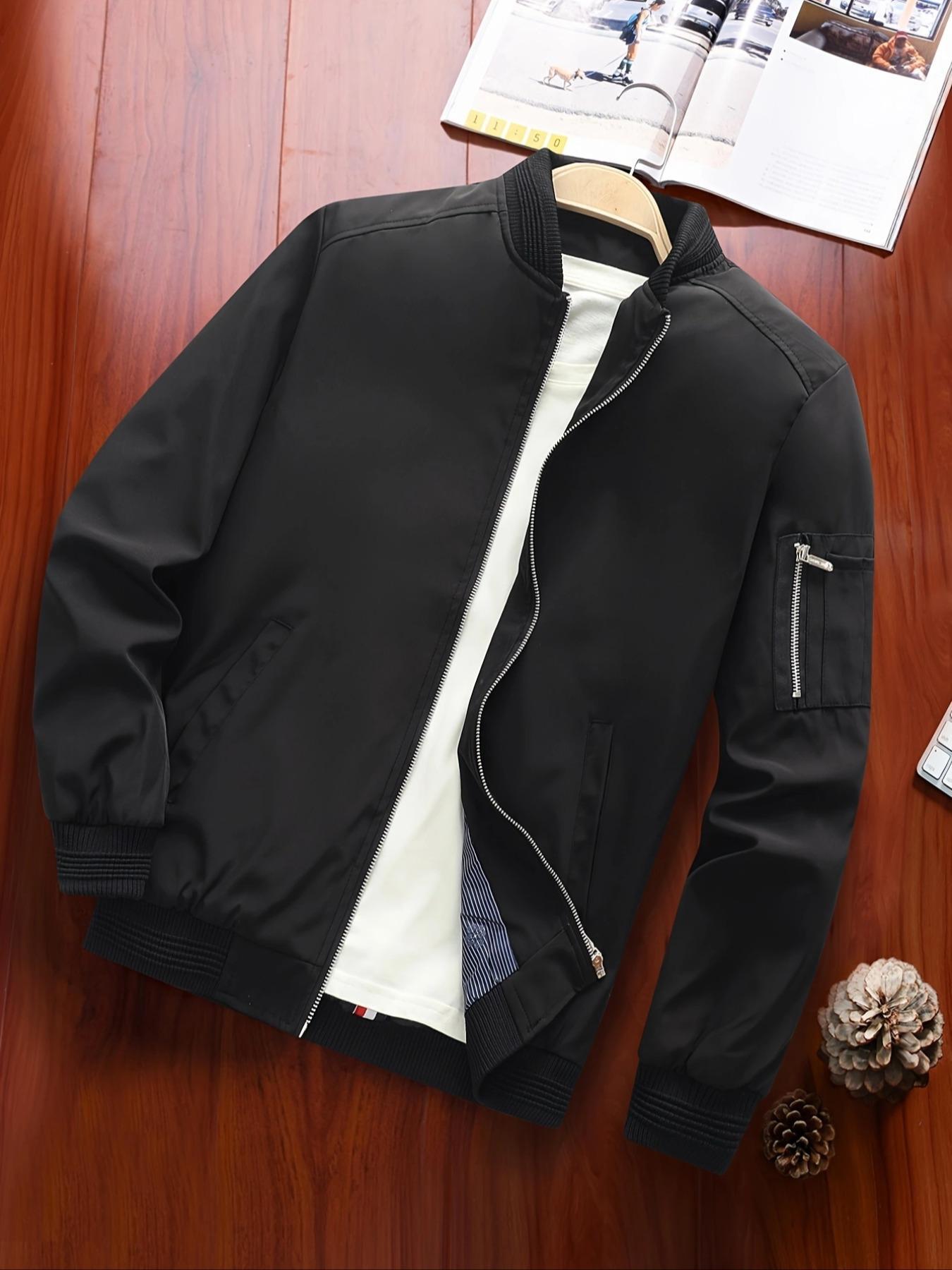 Men's Zipper Pocket Baseball Collar Varsity Jacket, Bomber Jacket Coat, Regular 2024 Mens Jacket, Casual Solid Color Baseball Jacket, Mock Neck Jacket, Going Out Outfit, Men's Streetwear Outerwear for Fall & Winter, Fall Clothes