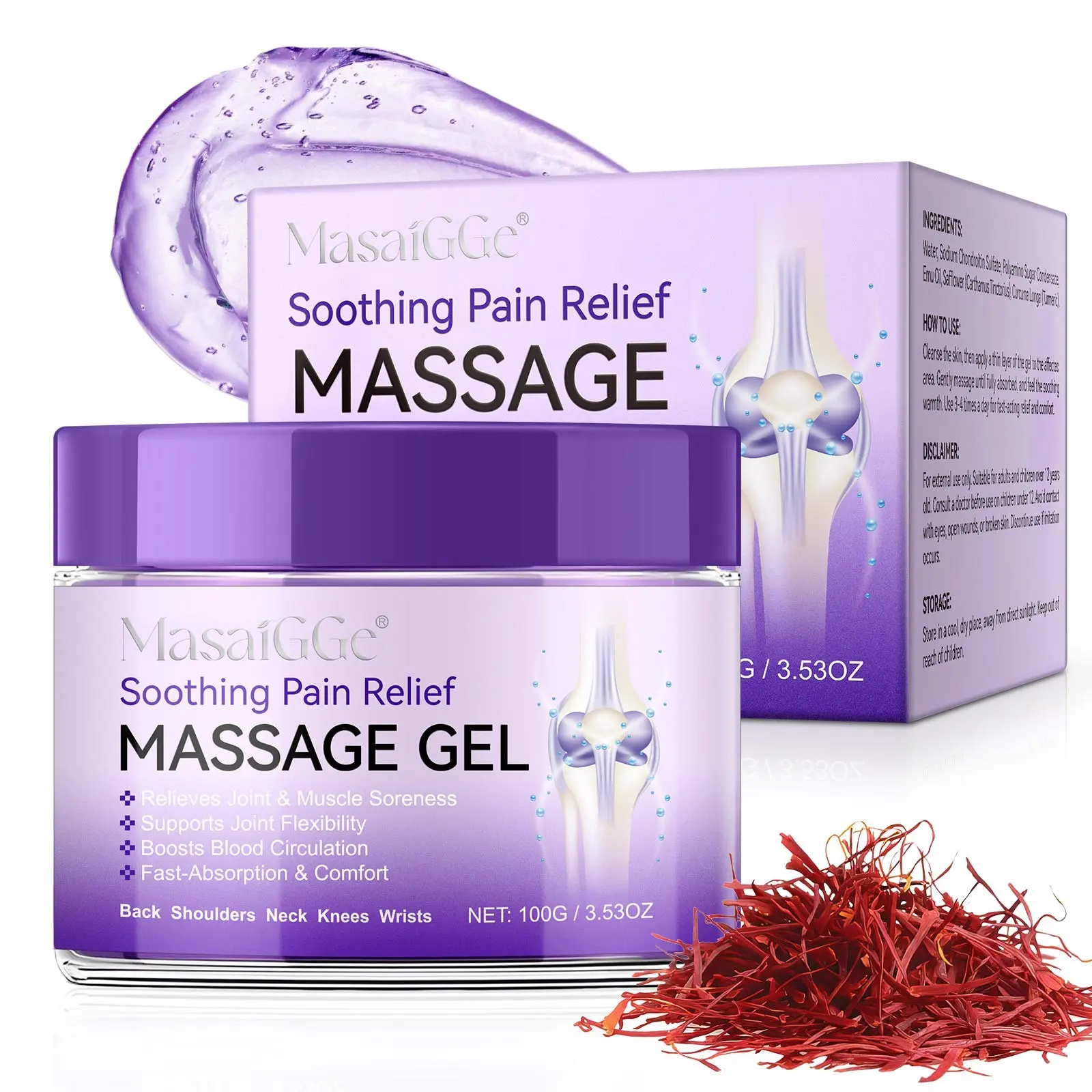 Masaigge Joint Care Massage Gel 100g, Natural Herbal Ingredients, Relieves Muscle Tightness, Promotes Blood Circulation, Ideal for Athletes