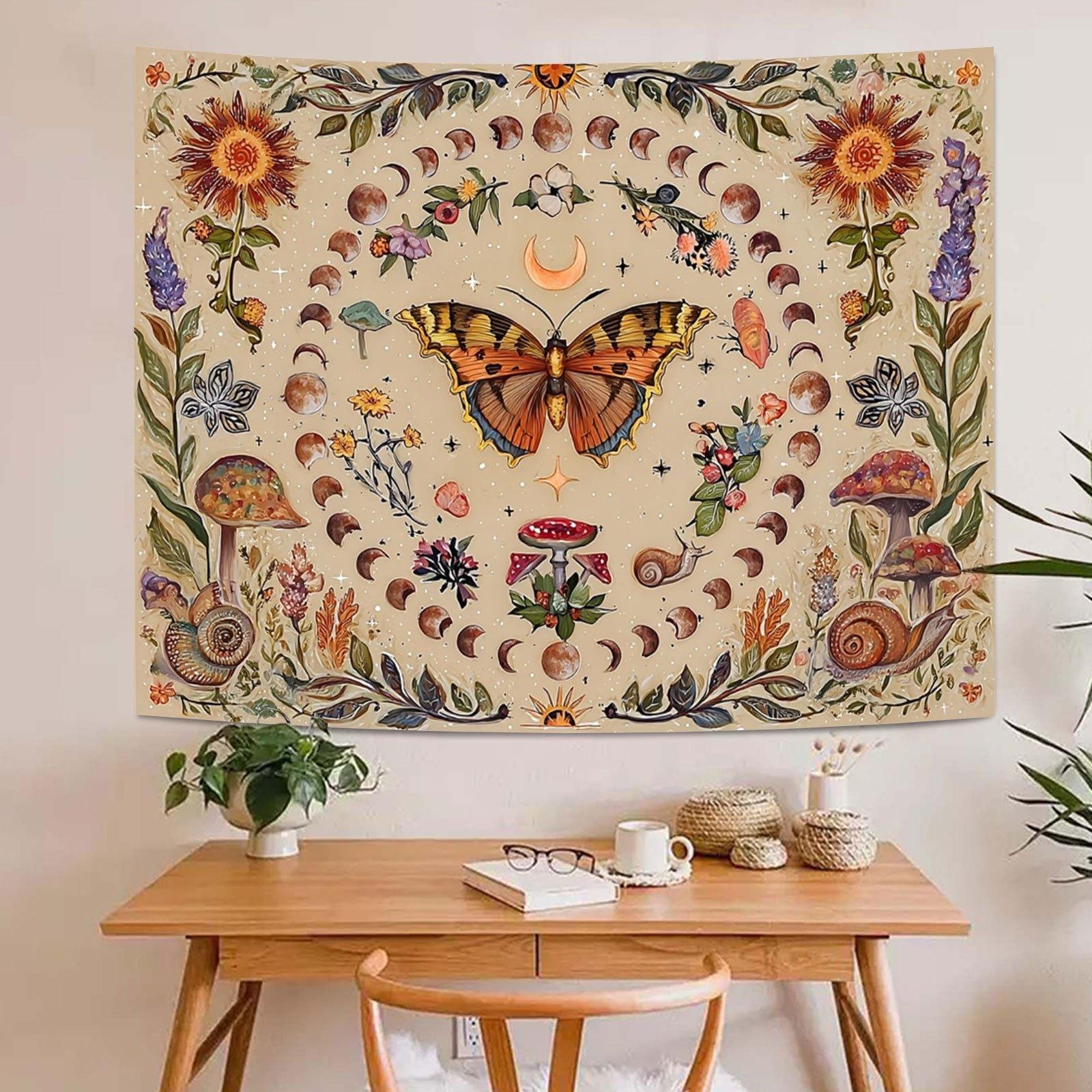 Sun and Moon Tapestry Vintage Boho Wall Hanging, Large Aesthetic Room Decor with Butterflies & Flowers Magic Garden, Oversized Wall Art for Bedroom Living Room Dorm Party