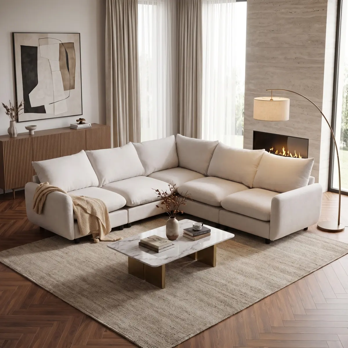 Aobtkel 99.5" Oversized 5-Piece L-Shaped Modular Sectional Sofa, 5-Seater Upholstered Couch with Flexible Configuration, 25" Deep Seats, Solid Eucalyptus Wood Frame and Spring Support for Living Room, Family Room and Large Spaces