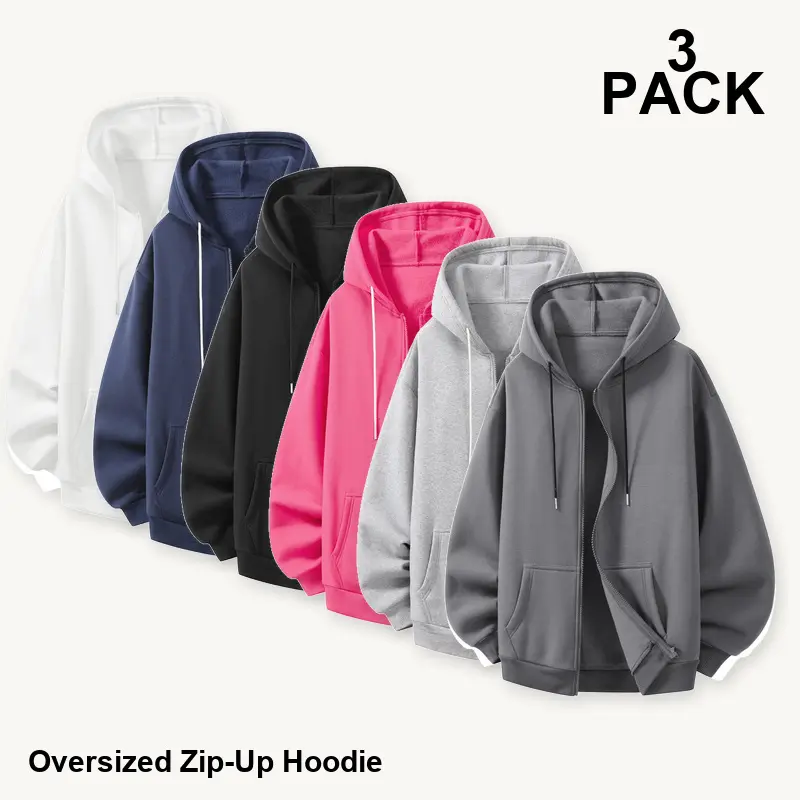 3-Pack Mixed Assorted Colors Men's Oversized Zip-Up Hoodies Set, Relaxed Fit Long Sleeve Drawstring Hooded Sweatshirts with Front Pockets, Sizes S-XXL, Everyday Layering, Assortment 63