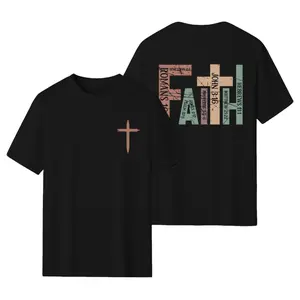 Faith Bible Verses Double Sided T-Shirt Vintage Color Block FAITH Letter Print Cross Graphic Crew Neck Black Tee Christian Religious Unisex Short Sleeve Top