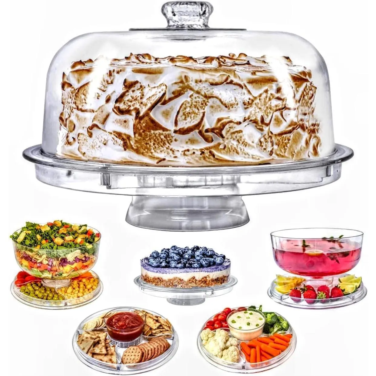 Round BPA-Free Plastic 6-in-1 Multi-Function Decorative Durable Cake Stand with Dome Cover - Serve Food Platter, Punch Bowl, Festive & Party Home Supply