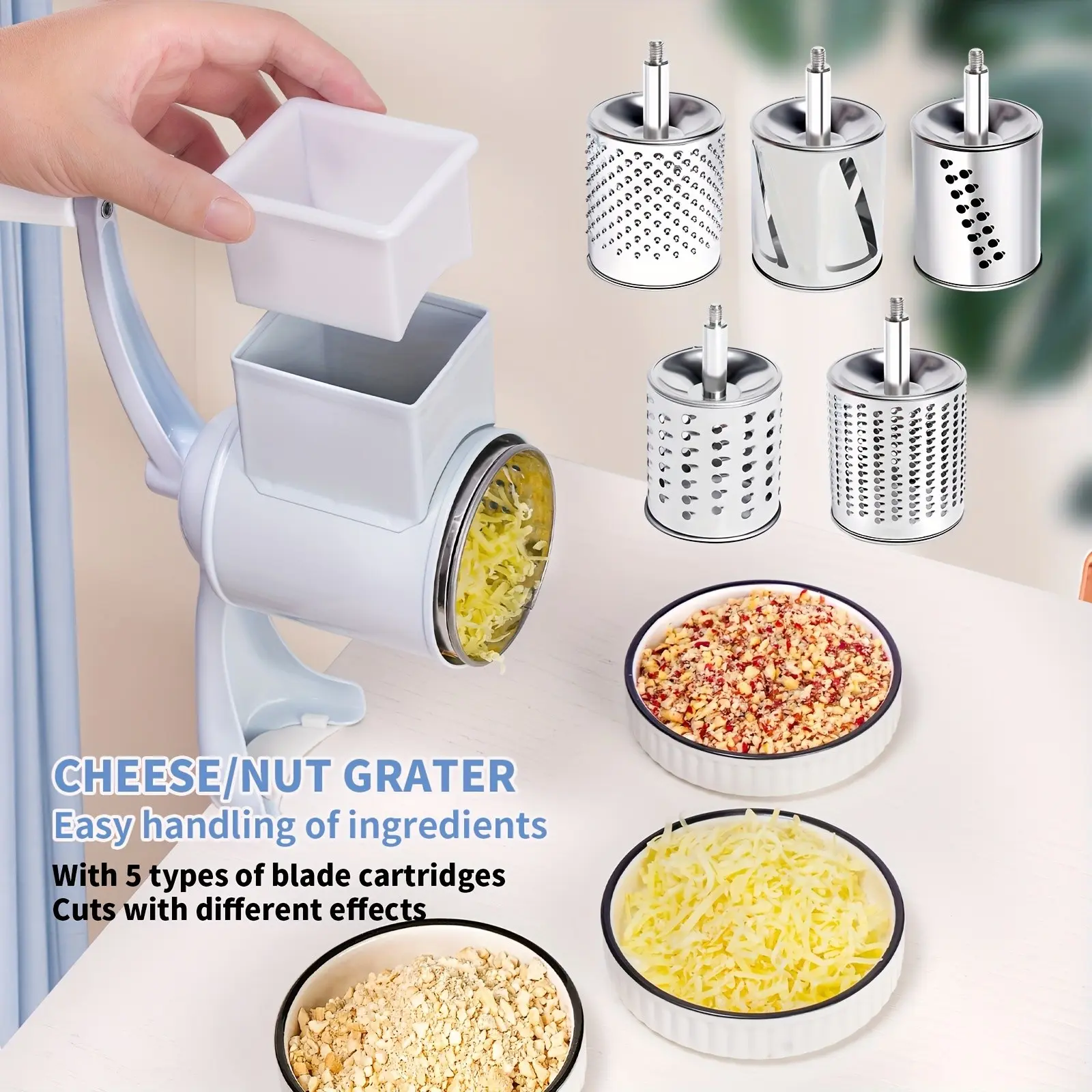 Multi-Functional Hand-Crank Cheese Grater, 5 Blade Stainless Steel Rotary Slicer, Home Use for Cheese Nuts Chocolate Vegetables, Kitchen Prep Tool