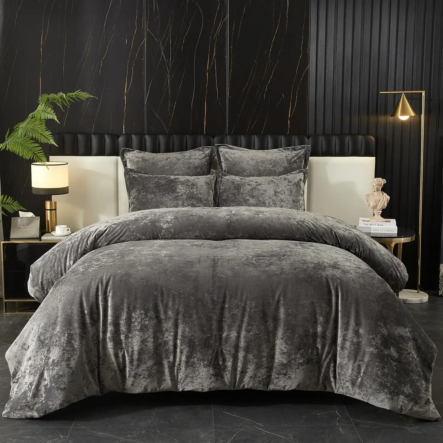Crushed  Comforter Set , Lightweight Comforter Set, 5 count Ultra Soft Breathable Grey Comforter Set, Luxury Cozy Flannel Comforter  Size (1 Comforter,2 Pillow Shams, 2 Euro Shams