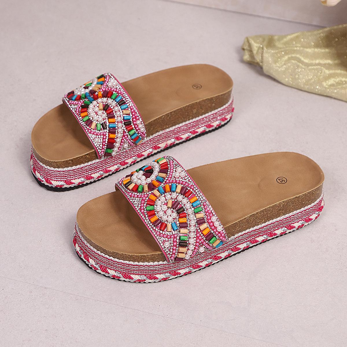 Women's Platform Sandals Summer Beach Slides with Pearl Embellished Cork Wedge Soft Sole Slippers Large Size Comfort Outdoor Shoes Ethnic Style Fashion Footwear for Women